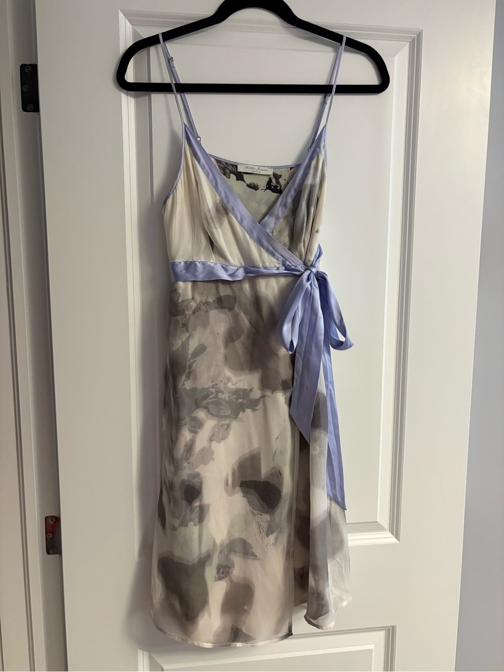 Guess by Marciano Cream and Lavender Satin-Trim Wrap Dress
